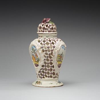 A Magdeburg faience Ajour vase with cover, 18th Century.