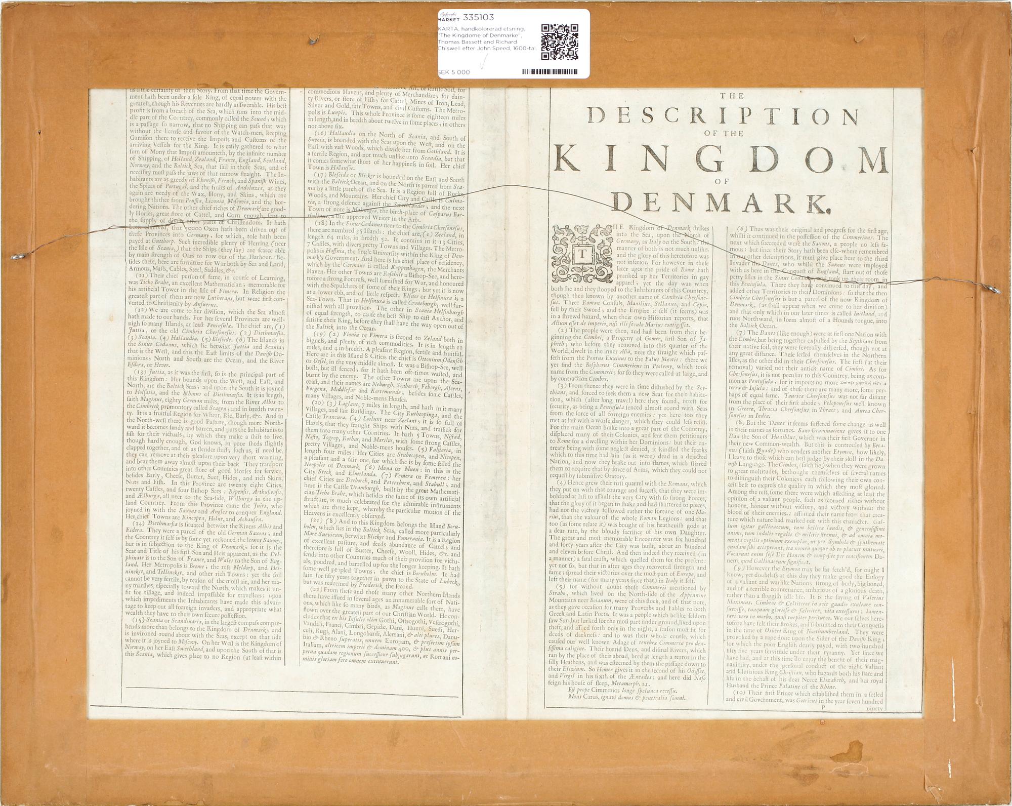 KARTA, handkolorerad etsning, "The Kingdome of Denmarke", Thomas Bassett and Richard Chiswell efter John Speed, 1600-tal.