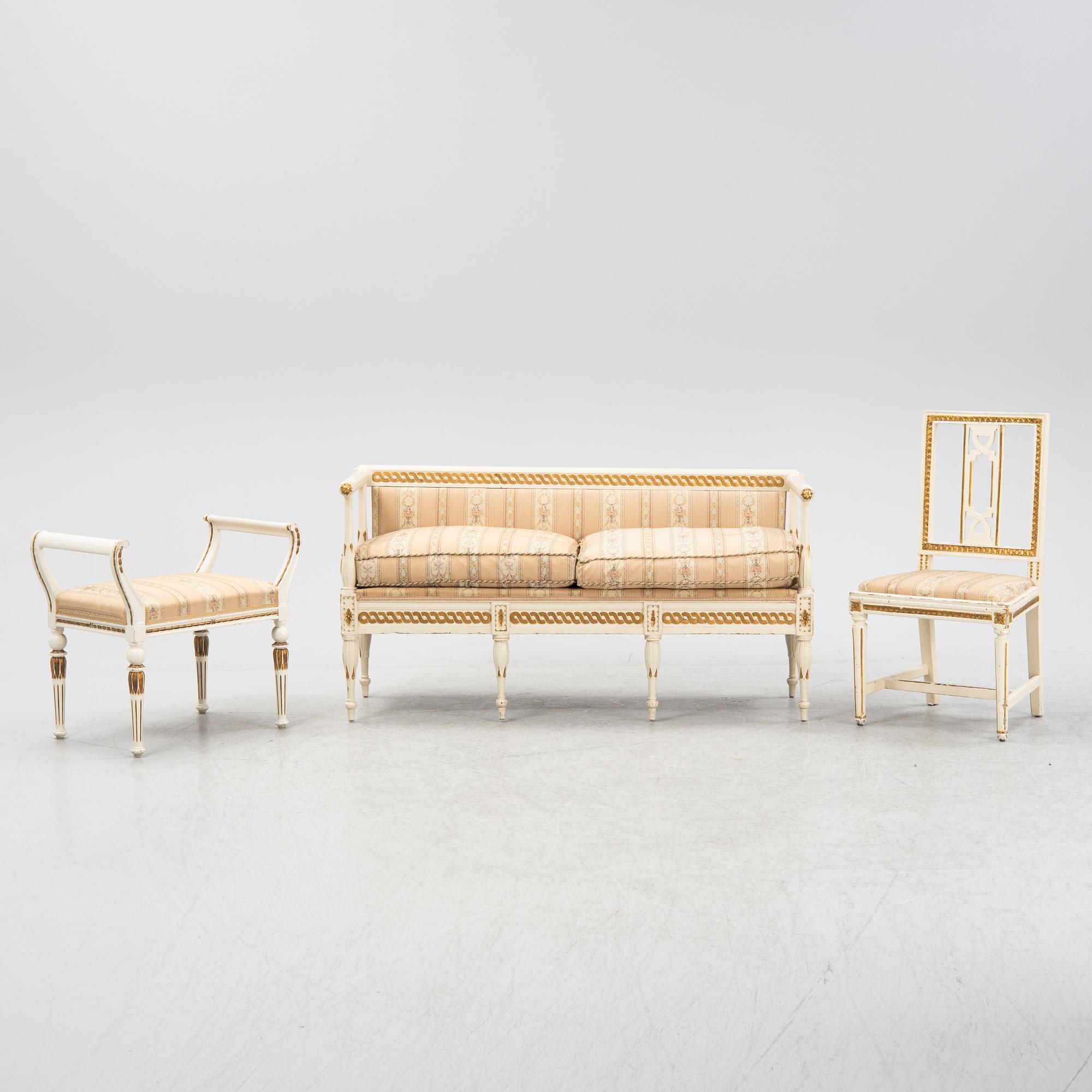 A Late Gustavian sofa, chair and stool, 19th and 20th century.