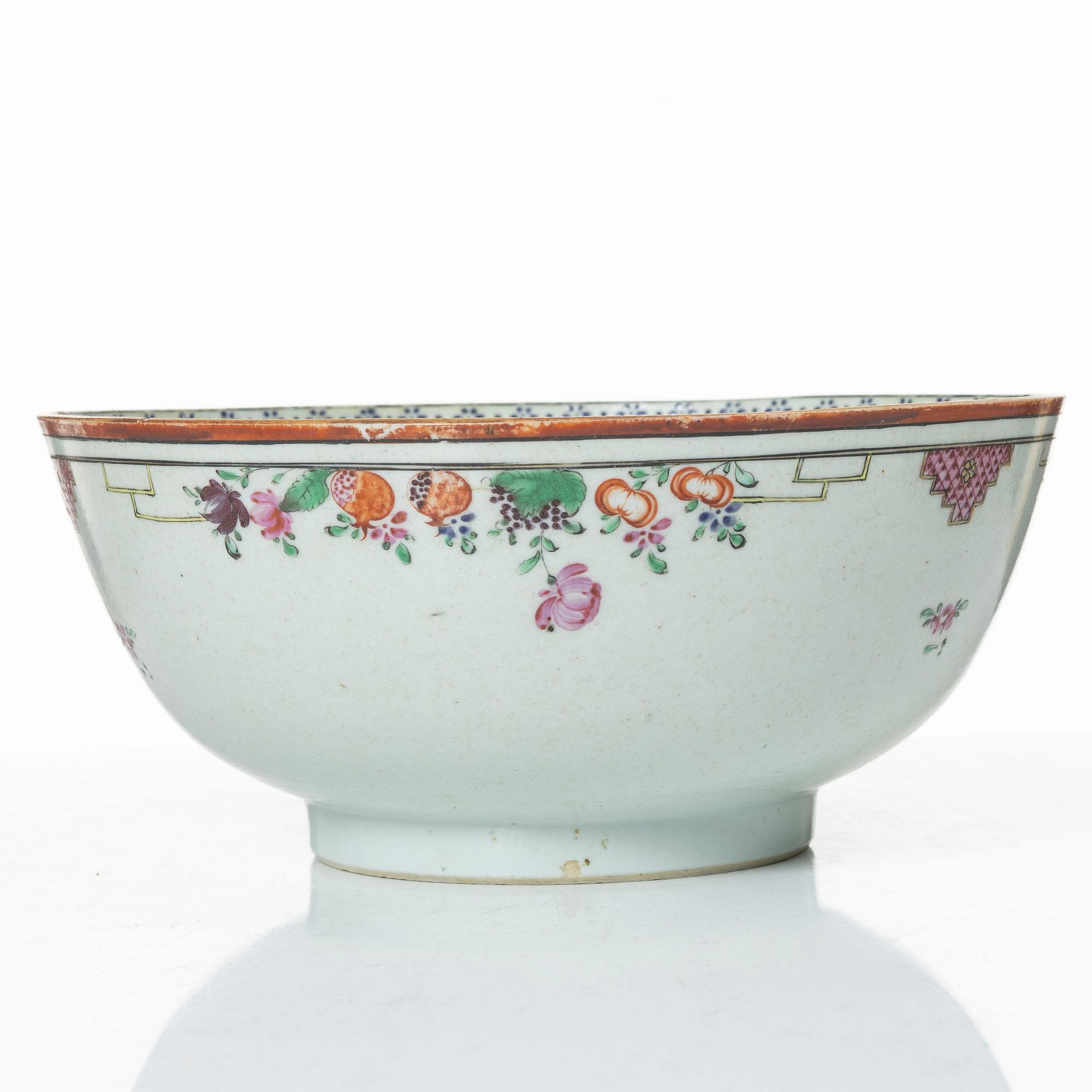 Two famille rose plates and a bowl, Qing dynasty, 18th century.