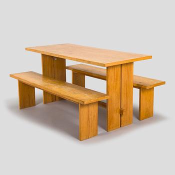 Dining table and two benches, mid-20th century.
