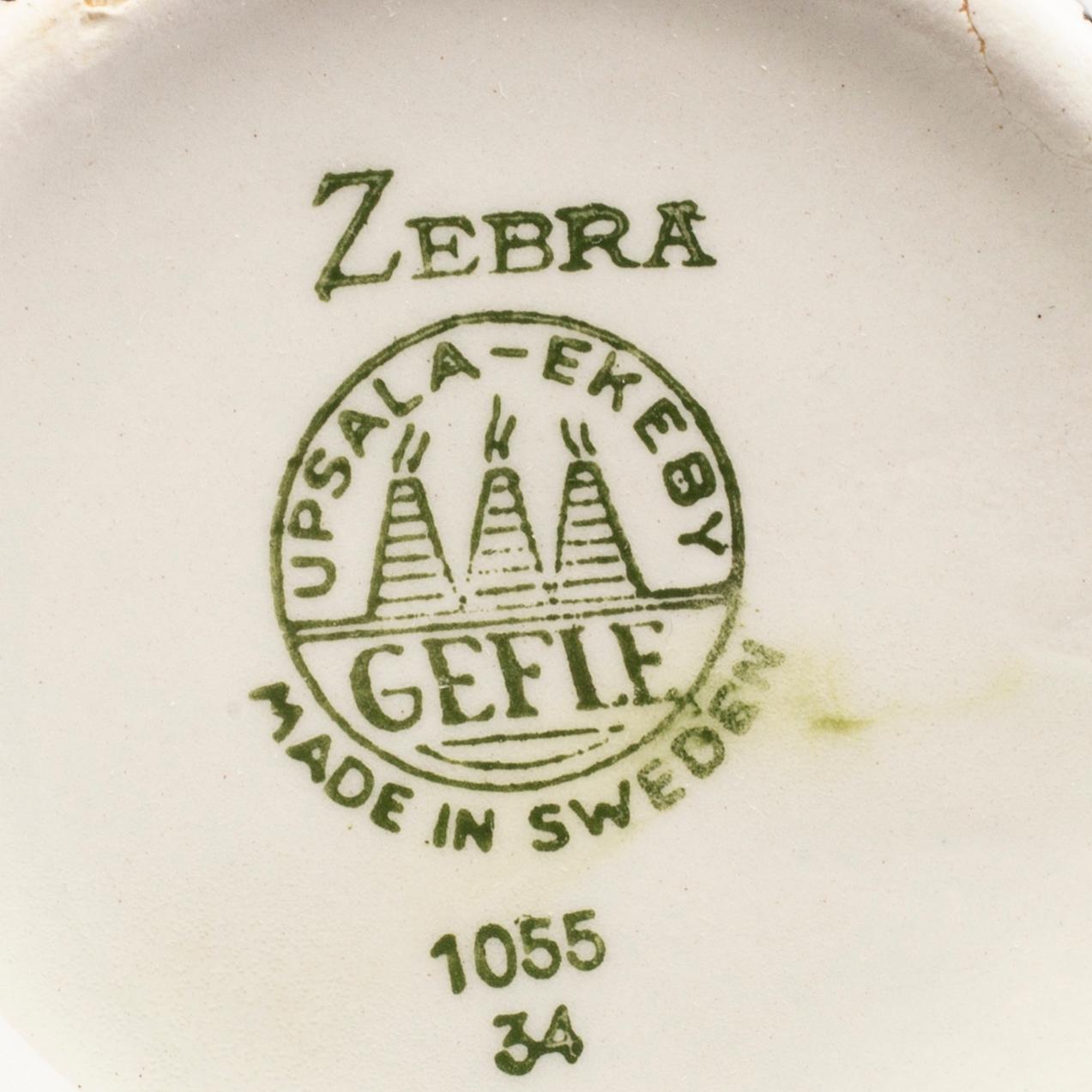 EUGEN TROST, 6 st tekoppar med fat,  stycken, flintgods, "Zebra", Gefle.