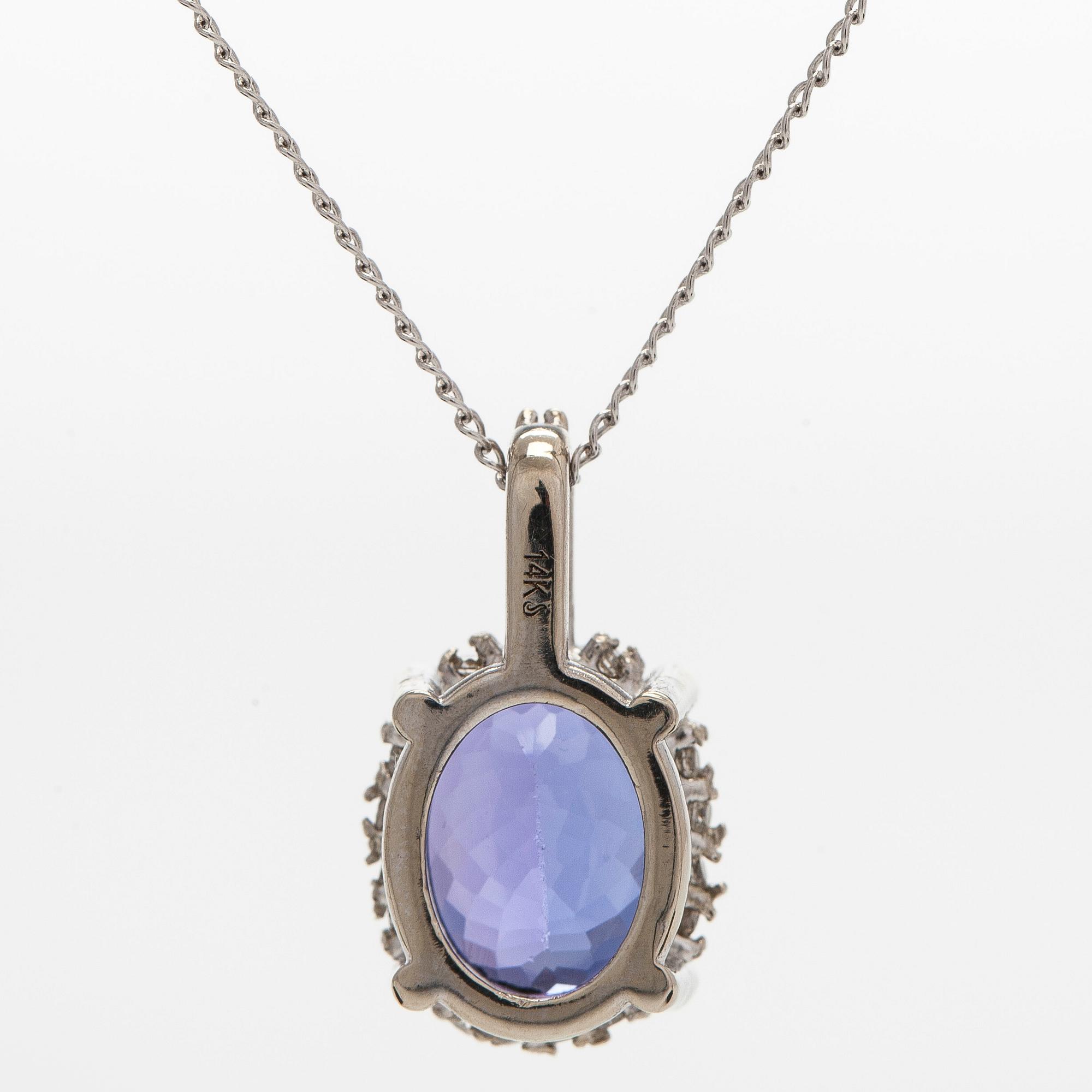 Kaulakoru, 14K valkokultaa, riipus tansaniitti ja timantteja.