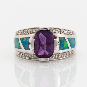 Checker-cut amethyst, opal and diamond ring.