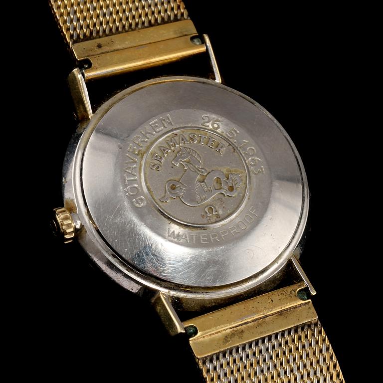 HERRARMBANDSUR, guld på stål, "seamaster", Omega. 1960-tal.