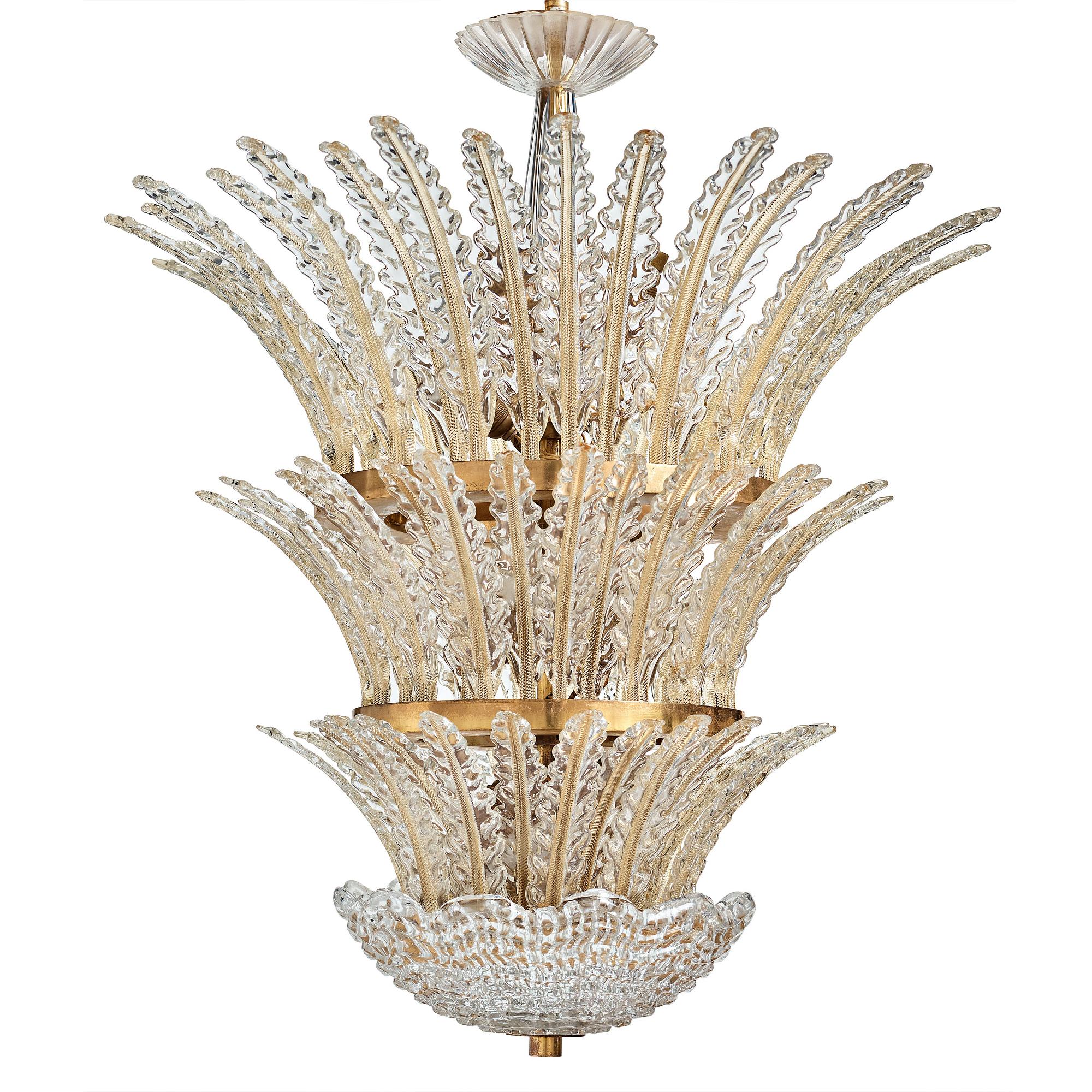 Orrefors, a Swedish Modern glass and brass chandelier, 1930-40's.