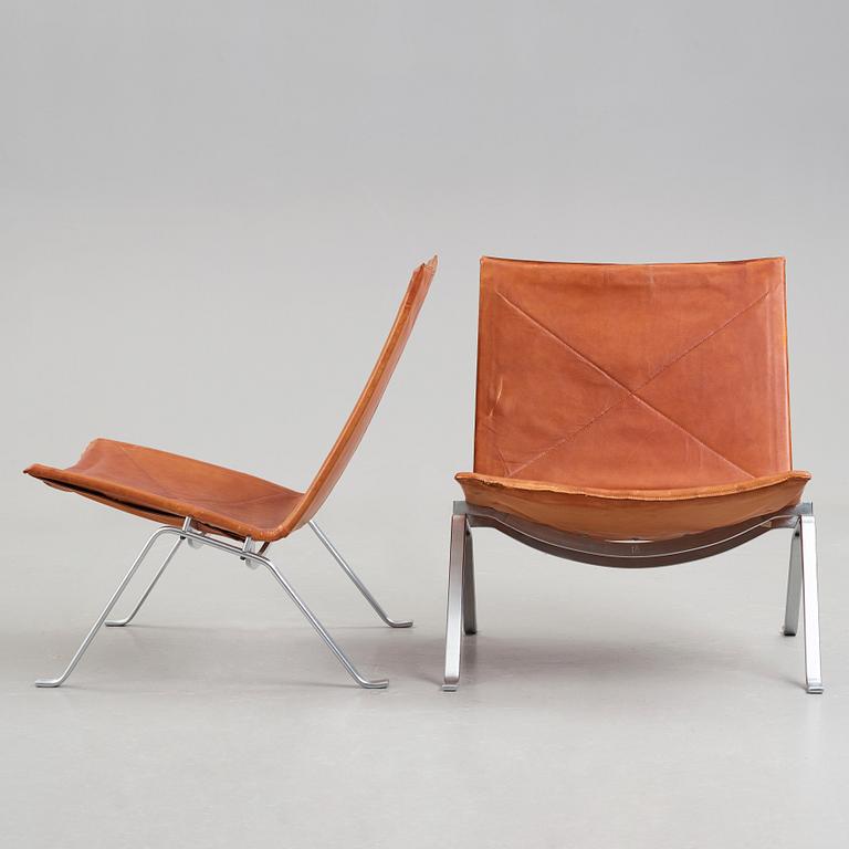 Poul Kjaerholm, a pair of "PK-22" steel and brown leather easy chairs, edition E Kold Christensten, Denmark 1960's.