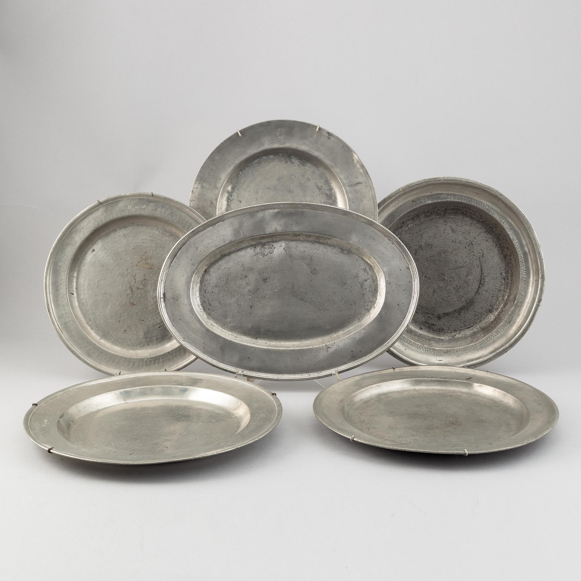 A group of six pewter dishes, different makers mark, most early 19th Century, Swedish/English.