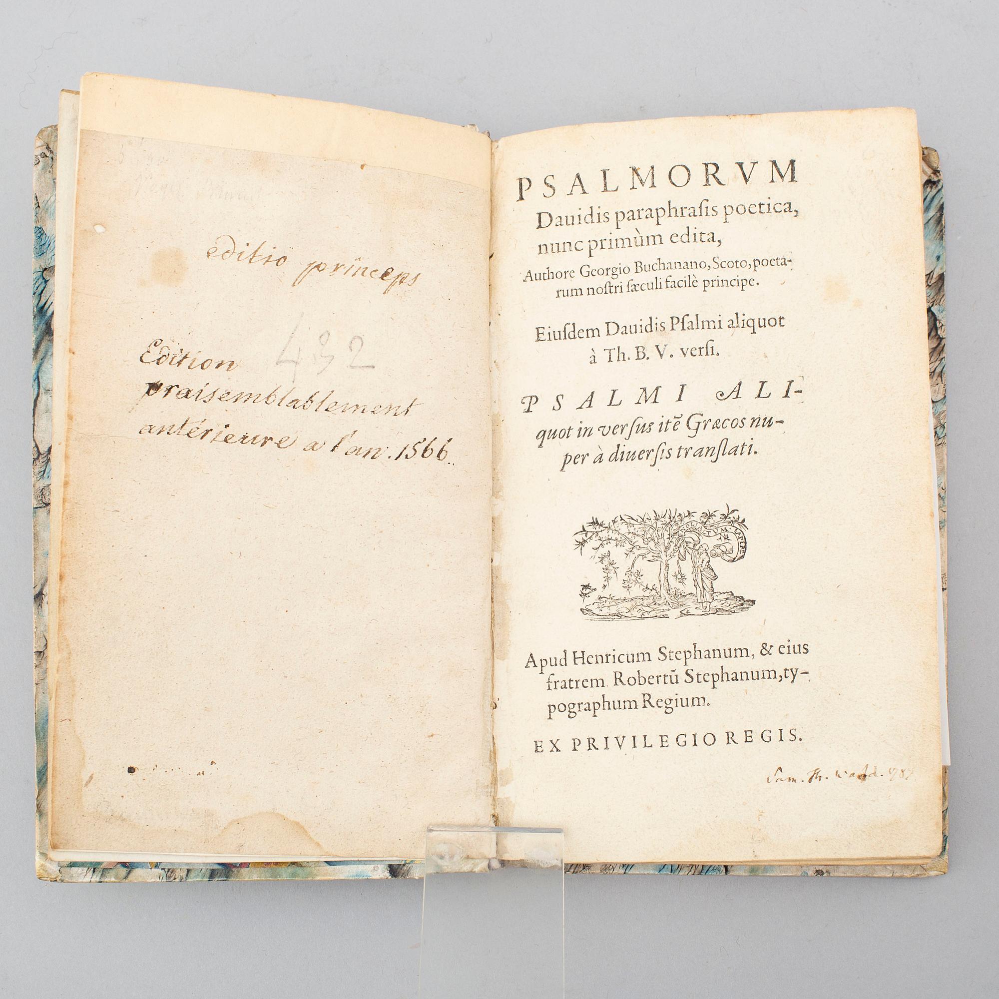BOOK, Editio princeps of Buchanan’s “Psalmorum paraphrasis”, c. 1565.