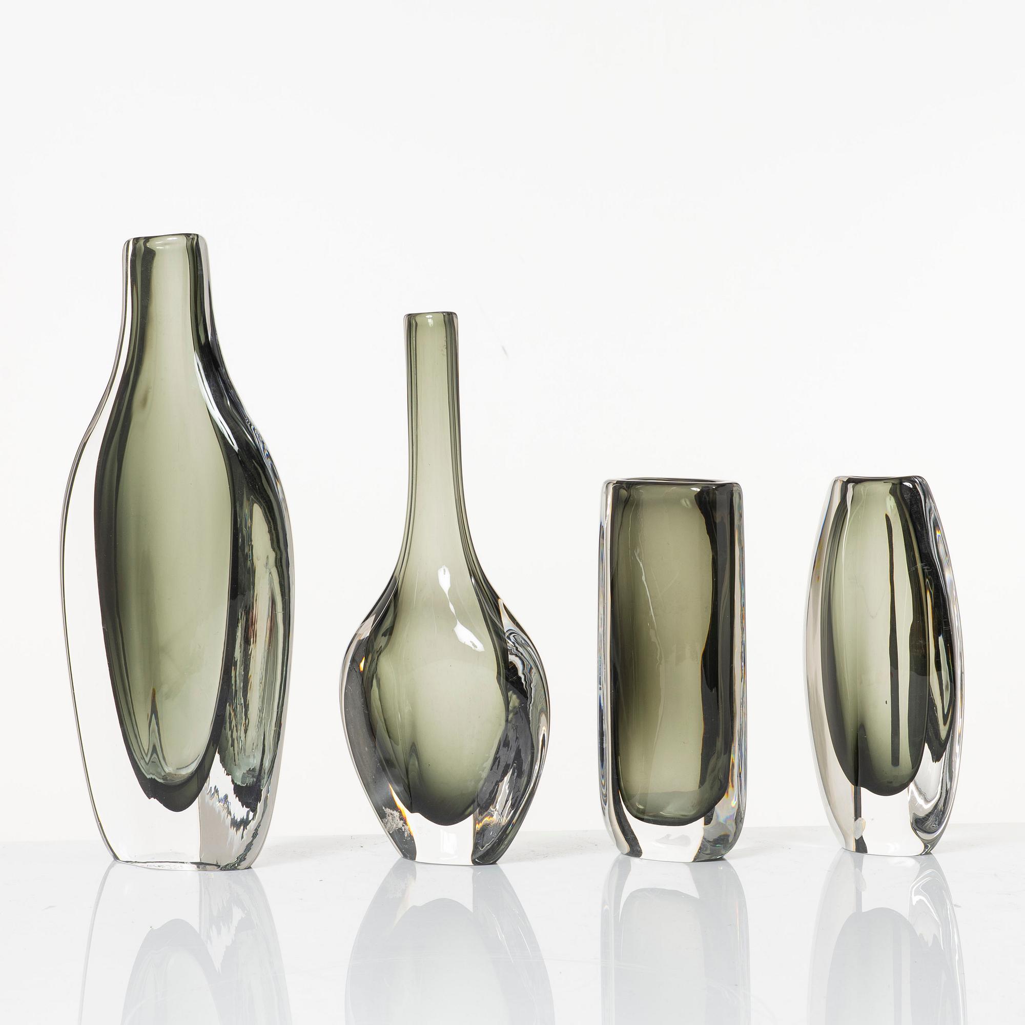 Nils Landberg, a set of four "Sommerso" vases, Orrefors, 1950s-60s.