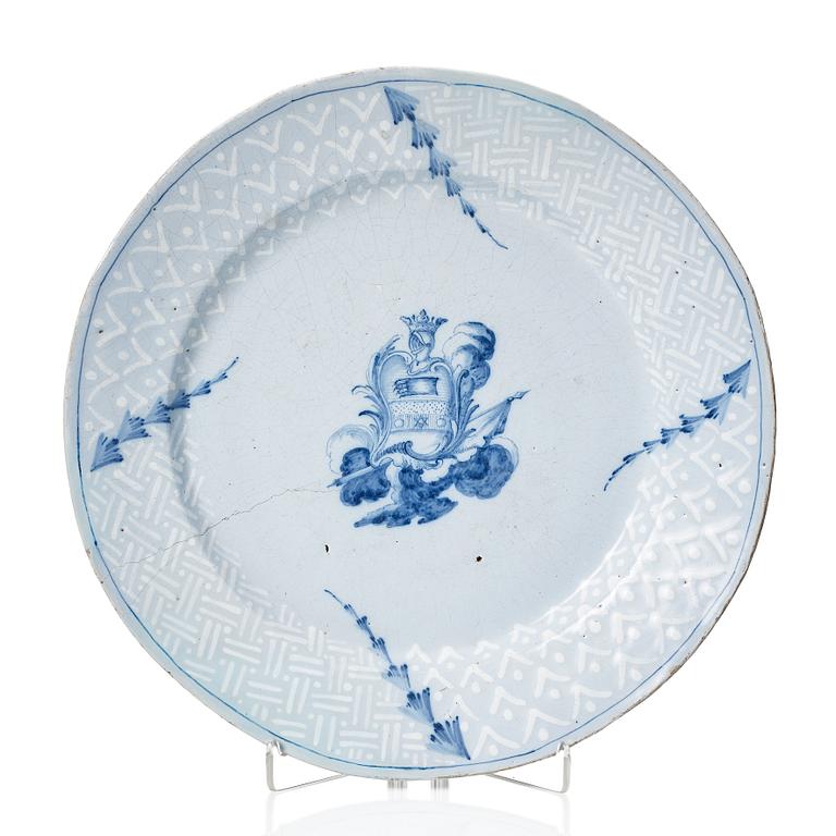 A large Swedish armorial serving dish with the arms of Gyllenram, dated Stockholm 18/8 1752.