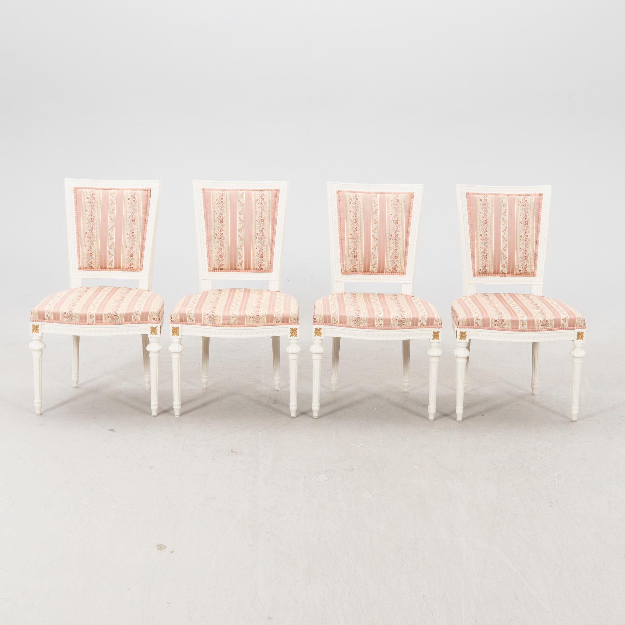 A set of four paitend Gustavian style chairs mid 1900s/second part.