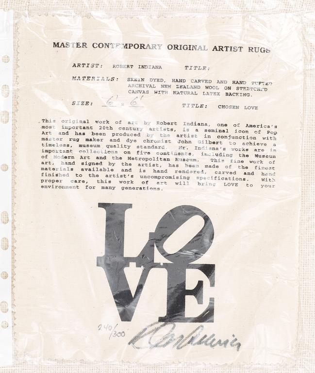 CARPET. "Red on Blue", Chosen love. Tufted in 1995. 182,5 x 184 cm. Robert Indiana, USA, born in 1928.