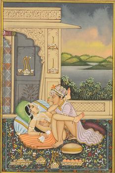 Unidentified artist, Erotic scenes in palace setting, India, 20th century. Three pieces.