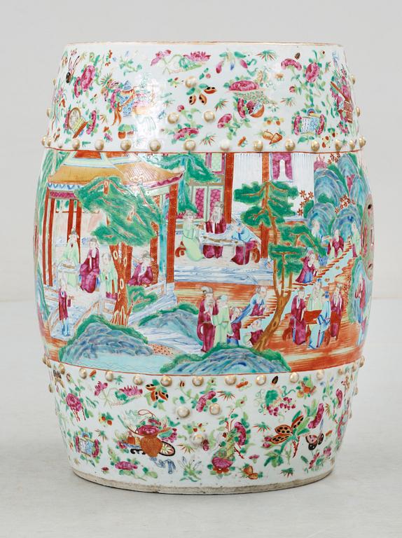 A Canton famille rose garden seat, late Qing dynasty.