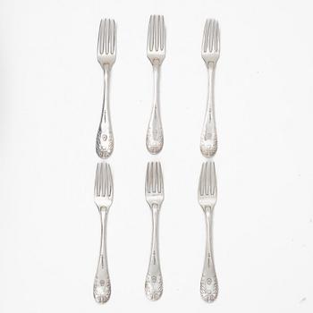 Six Swedish silver forks, mark of Conrad Thulin, Landskrona 1829.
