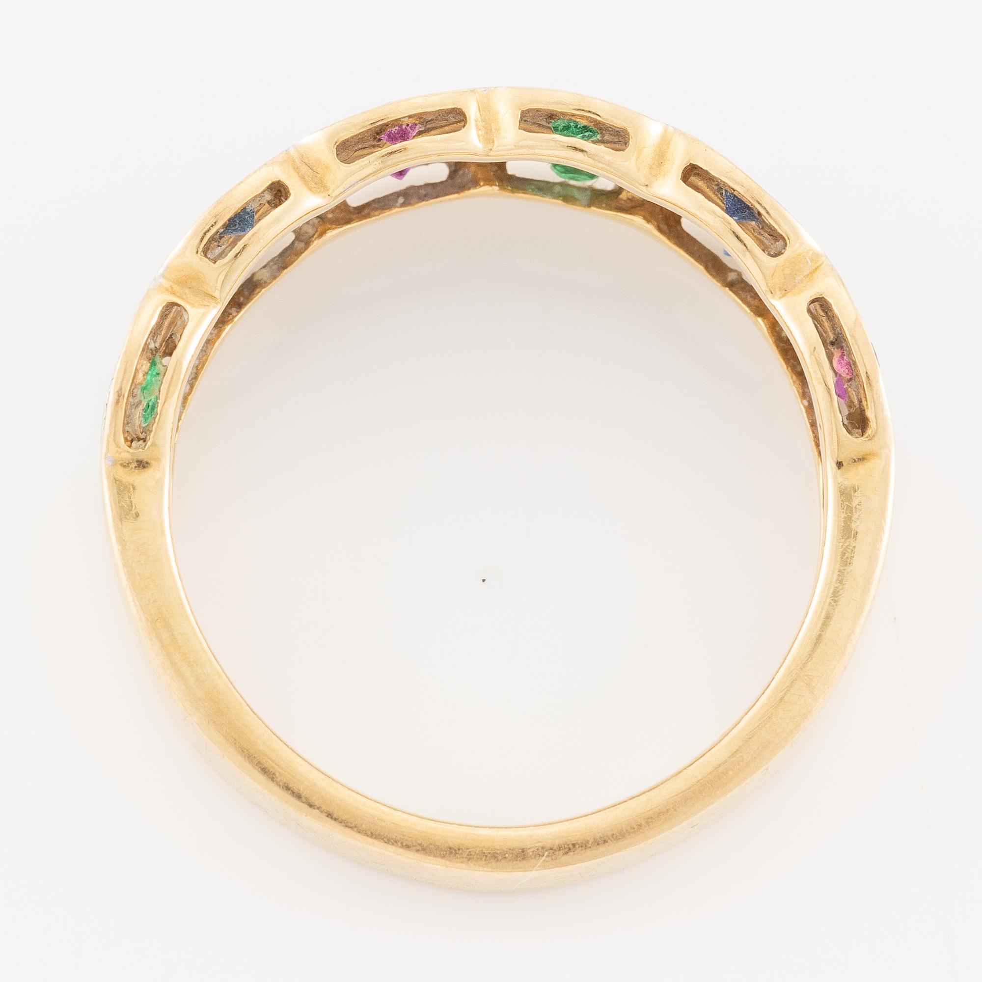 Ring, 18K gold with emeralds, rubies, sapphires, and small diamonds.