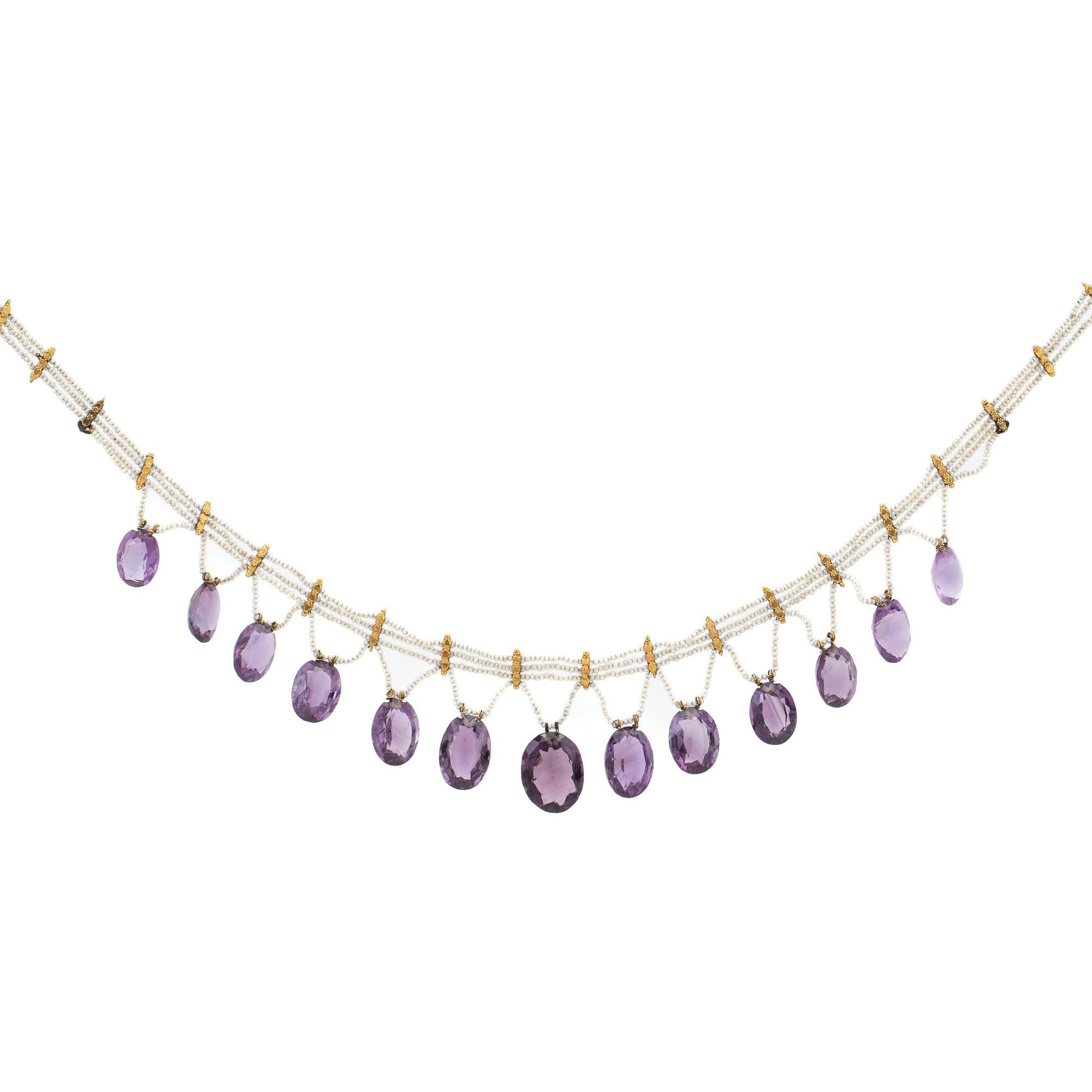 Necklace, 18k gold with amethysts and seed pearls.