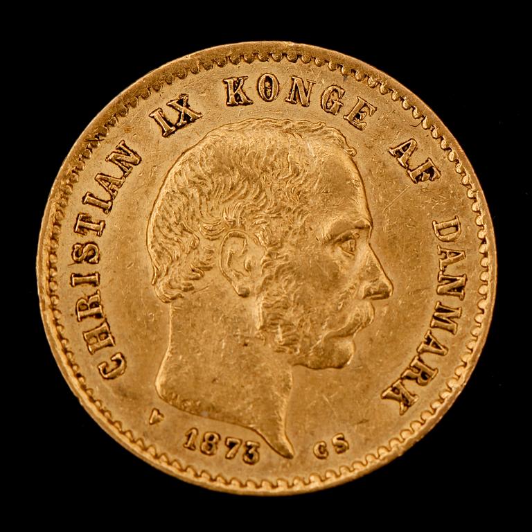 GULDMYNT, 10 kroner, Danmark, 1873. Vikt 4 g.
