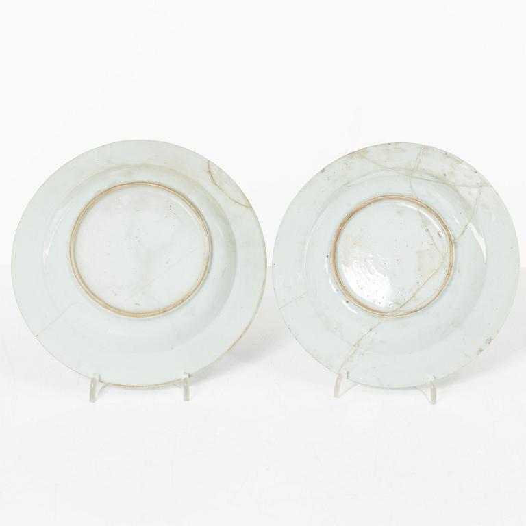 A group of three Chinese blue and white porcelain serving dishes and five dessert plates, Qing dynasty, Qianlong(1736-95.