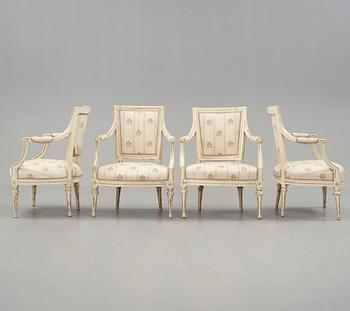 A set of four Gustavian late 18th century armchairs.