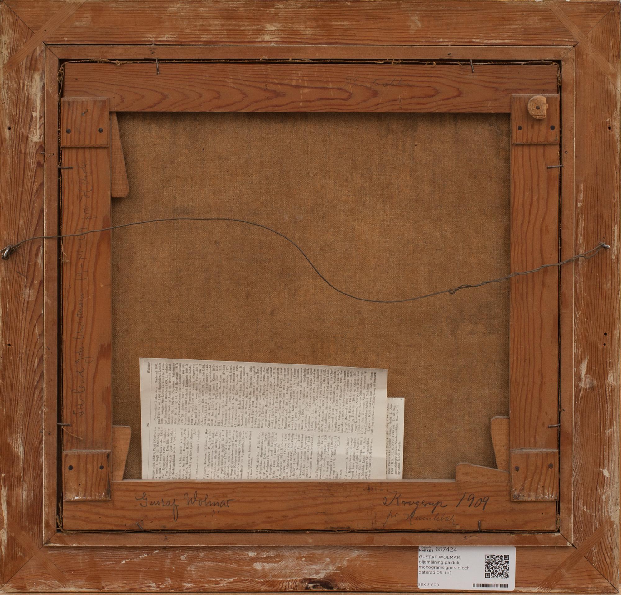 GUSTAF WOLMAR, oljemålning på duk, monogramsignerad och daterad 09.