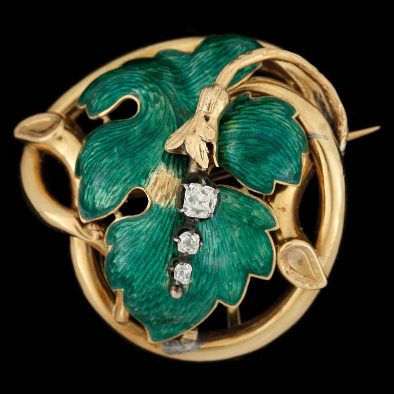 BROSCH, guld 18k, emalj, diamanter, Gustaf Adolf Cedergren, Stockholm 1852. Vikt ca 9,5 gram.