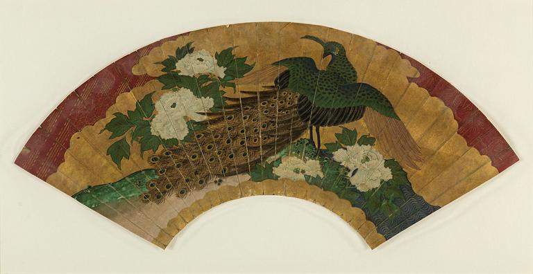 Two Chinese fan shaped paintings, ink and colour on paper, early 20th century.