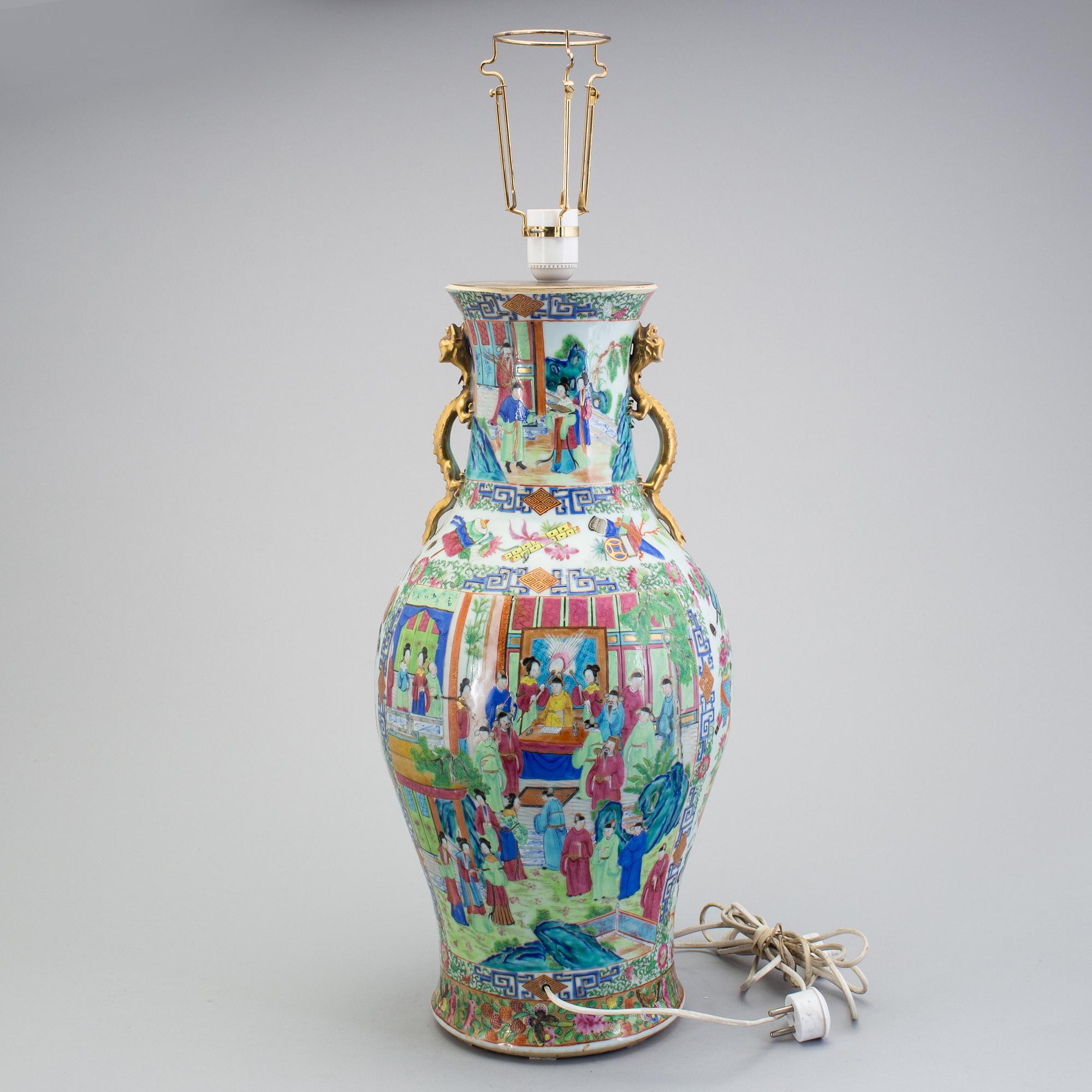 A CHINESE CANTON PORCELAIN VASE, 19th century, now a table lamp.