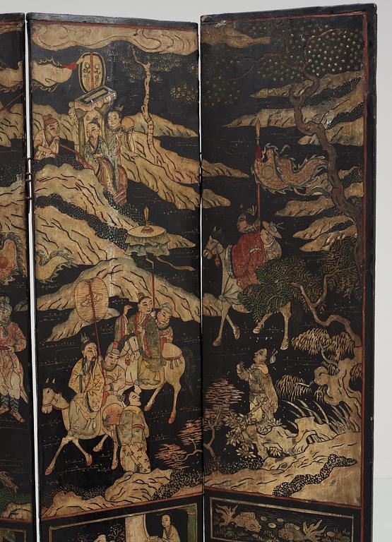 An eight panel lacquer screen, Qing dynasty, presumably Kangxi (1662-1722).