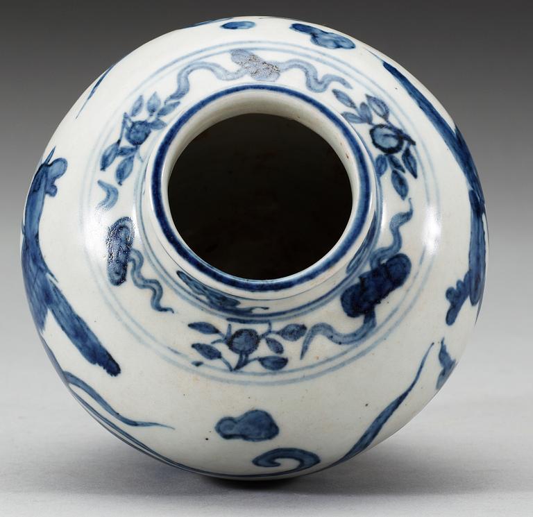 A blue and white jar with flying phoenix birds among clouds, Ming dynasty, 16th century.