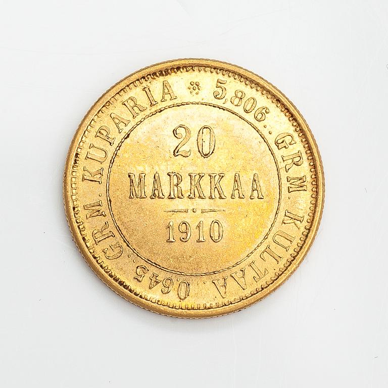 A gold coin, 20 mark, (900/1000), Finland 1910.