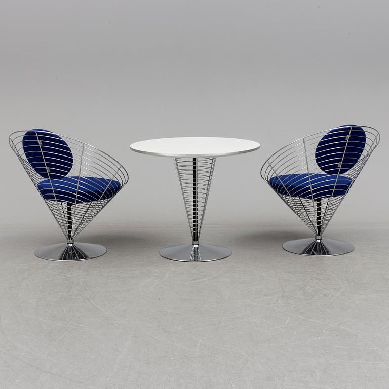 VERNER PANTON, PHILIPPE STARCK,  a set of two "Wire Cone" chairs and a table Fritz Hansen, late 20th century.
