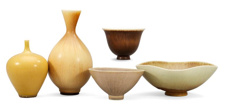 Two different stoneware vases and two bowls, by Berndt Friberg, Gustavsberg studio.