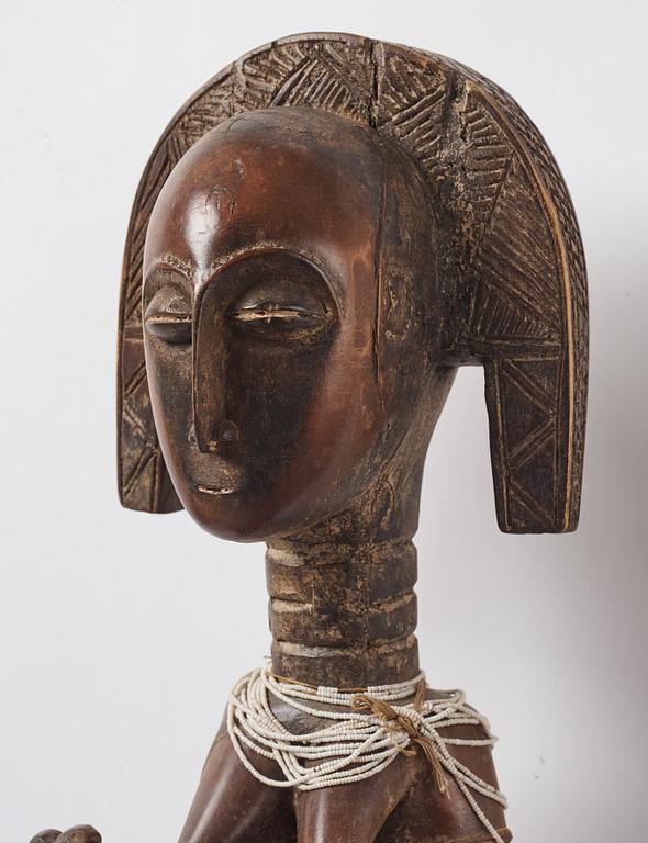 A sculptue and two masks reportedly from The Ivory coast, from the second half of the 20:th century.