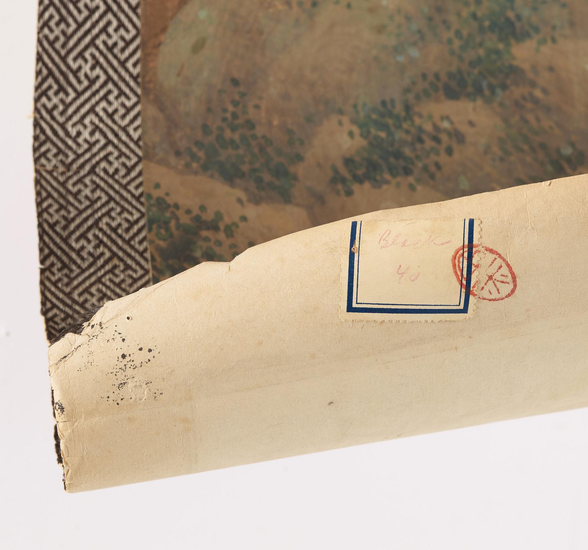 RULLMÅLNING, bergigt flodlanskap i Qian Dus (1764-1844/45) stil, Qingdynastin, sent 1800-tal.
