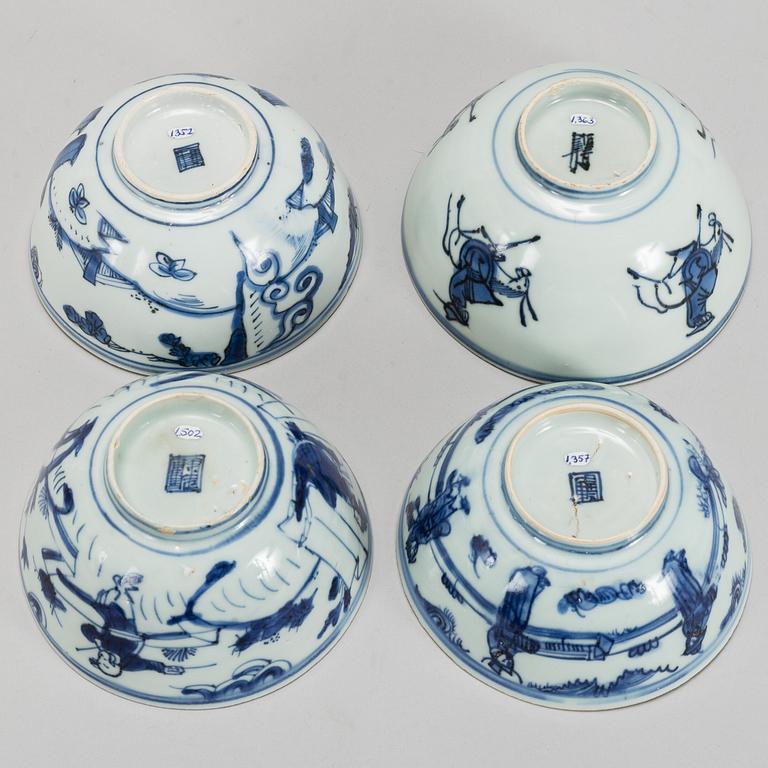 A group of four blue and white bowls, Ming dynasty (1368-1644).
