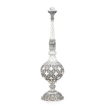 An 1880's british Raj repoussé silver rosewater sprinkler by Oomersi Mawji & Sons.