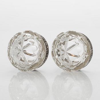A set of six Estonian glass and silver salt cellars, maker's mark of Hirsch Markowitsch, Tallinn 1922-39.