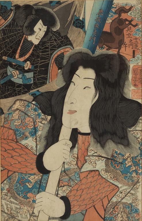 Kuniyoshi (1797/98-1861), and Utagawa Kunisada I (Toyokuni III), three coloured woodblock prints, Japan, 19th century.