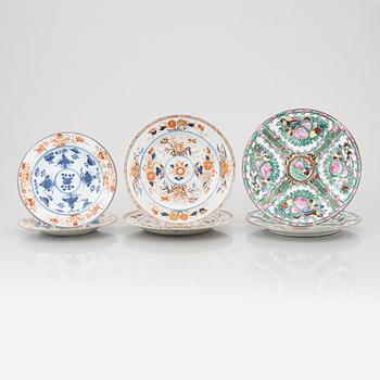 Two pairs of Imari porcelain plates, China, 18th century and one pair rose medallion plates, China, 20th century.