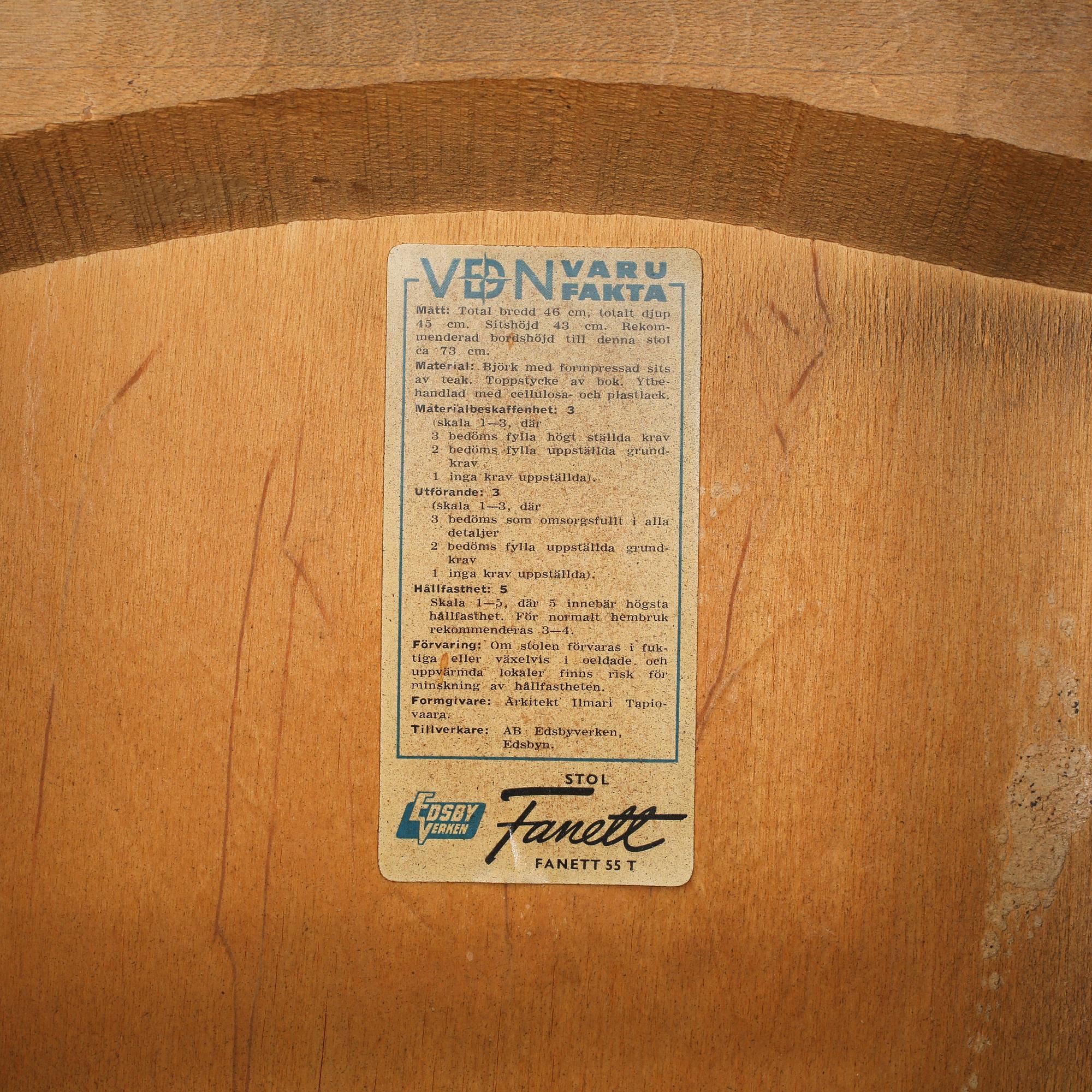 STOLAR, ett par, "Fanett", Ilmari Tapiovaara, Edsbyverken, formgiven 1955.
