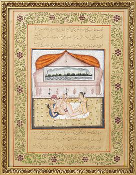 Unidentified artist, Erotic scenes in palace interiors, India, 19/20th century. Two paintings.