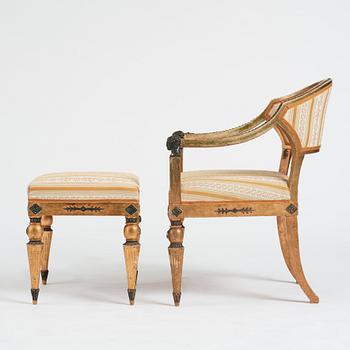 Karmstol samt taburett,  Carl Christoffer Gjörwells art (1766-1837), 1800-talets början, Sengustavianska.