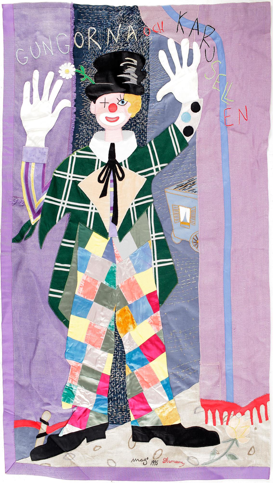 MAX GOLDSTEIN (MAGO), väggbonad/textil/collage, "Gungorna och karusellen",
