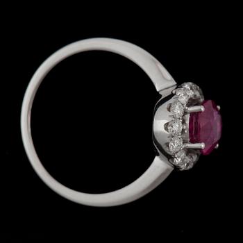 A 1.69 ct ruby and brilliant-cut diamond ring. Total carat weight on diamonds circa 0.51 ct. Quality G-H/VS.