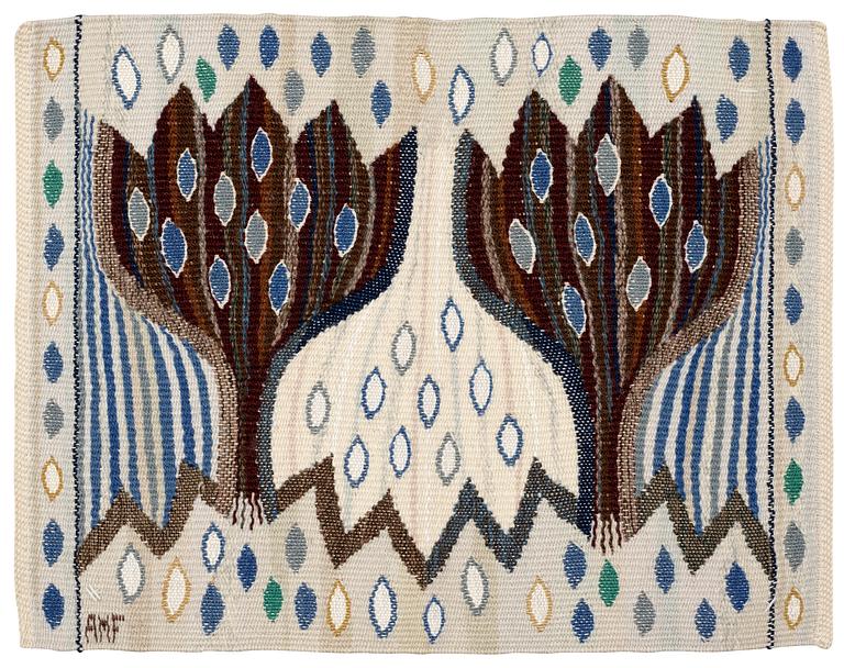 TEXTILE. "Blå Crocus". Gobelängvariant (tapestry variant) . 32,5 x 42 cm. Signed AMF.