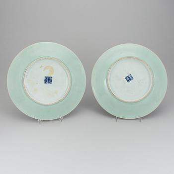 A pair of 20th Century China celadon plates.