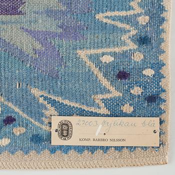 Barbro Nilsson, textiles, 2 pcs., one is "Nejlikan blå", tapestry weave, one is flat weave, both signed BN.