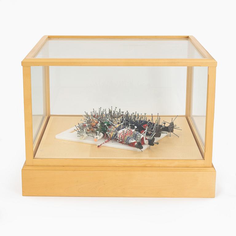 Peter Johansson, mixed media sculpture in glass case, stamped underneath.